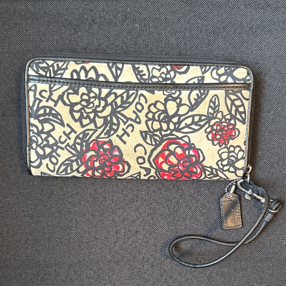 Coach Poppy Daisy Black and Red Floral Wallet / Wristlet